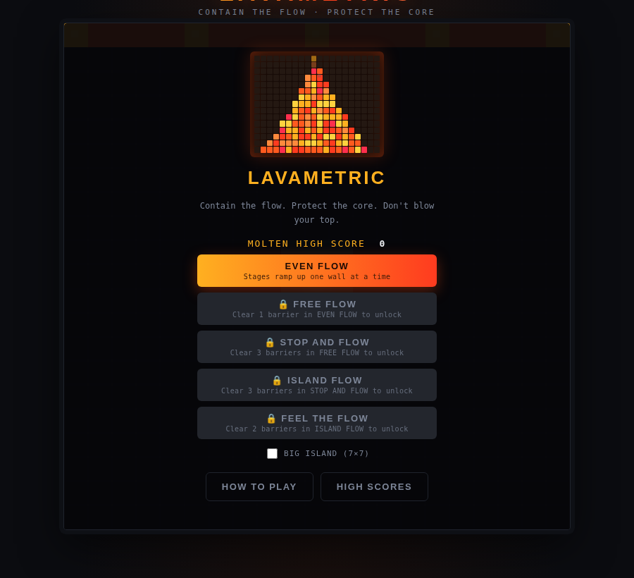 Lavametric's mode select screen showing all five ways to play